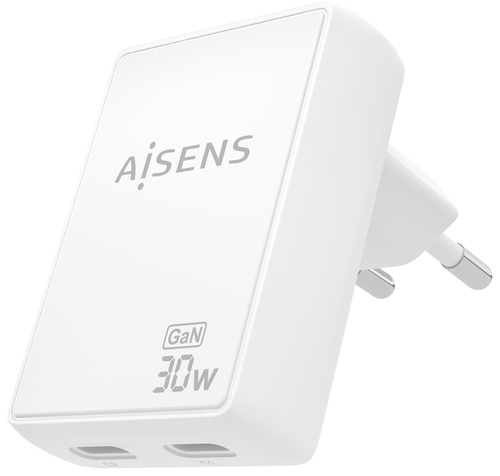 Cargador de Pared GaN Aisens ASCH-30W2P075-W 2xUSB Tipo-C 30W Blanco