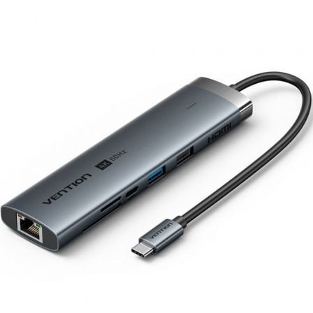 Docking USB Tipo-C Vention TGUHB RJ45 2xUSB 1xUSB Tipo-C 1xHDMI 1xUSB Tipo-C PD 1xLector de Tarjetas Gris