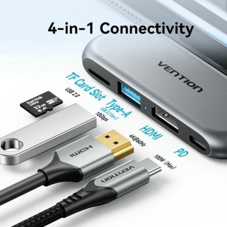 Docking Sin Cables USB Tipo-C Vention THYH0 1xUSB 1xHDMI 1xUSB Tipo-C PD 1xLector de Tarjetas Gris