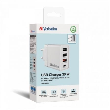 Cargador de Pared GaN Verbatim CHR-30EU2 1xUSB Tipo-C 3xUSB 30W