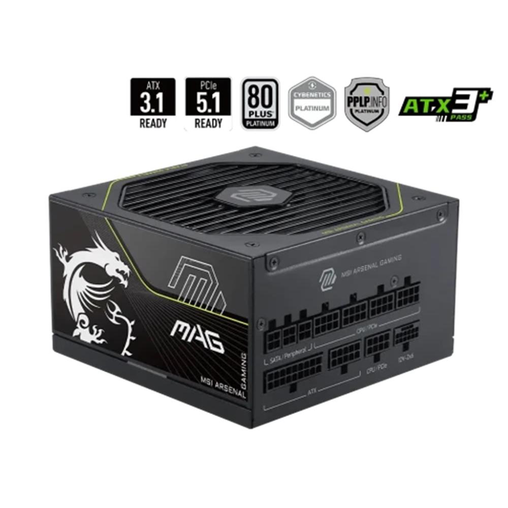 MSI MAG A1000PLS PCIE5,PSU,1000W,80 PLUS PLATINUM,MODULAR,135MM,ACTIVE PFC,1XPCI-E 5 (12+4 PIN),4XPCI-E (6+2 PIN),8XSATA (15 PIN)