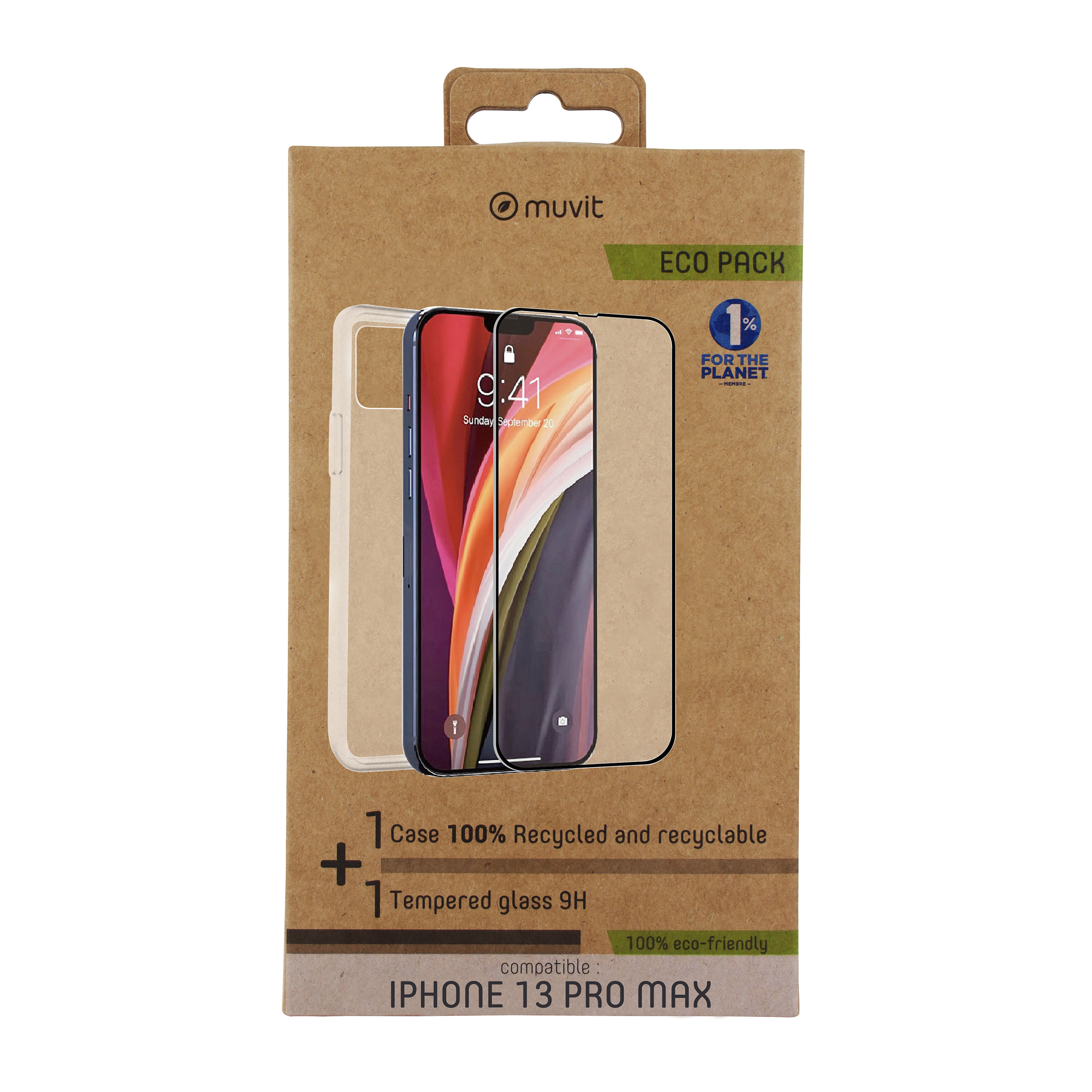 Muvit para iphone 13 pro max + protector pantalla vidrio templado plano marco negro