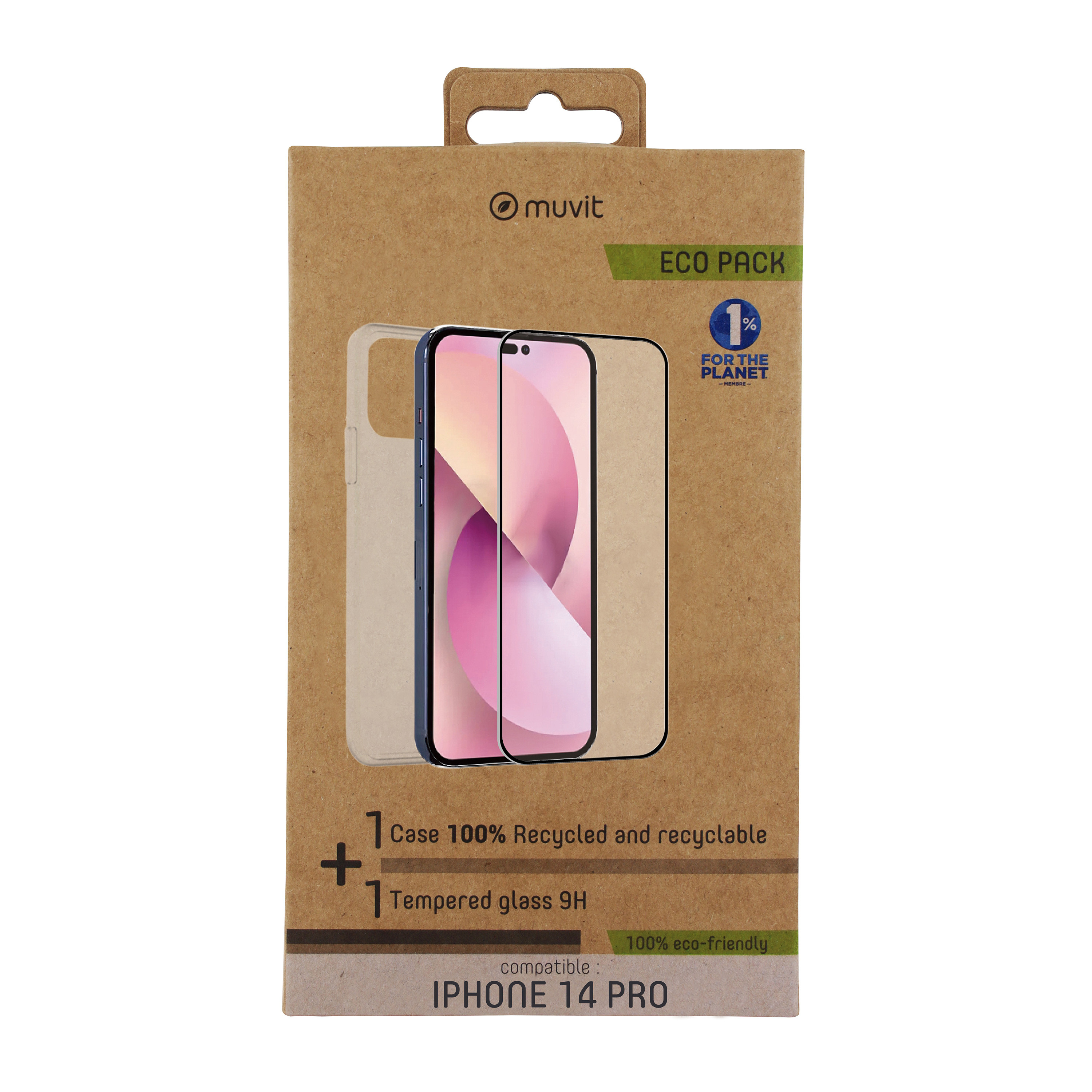 Muvit para iphone 14 pro + protector pantalla vidrio templado plano marco negro