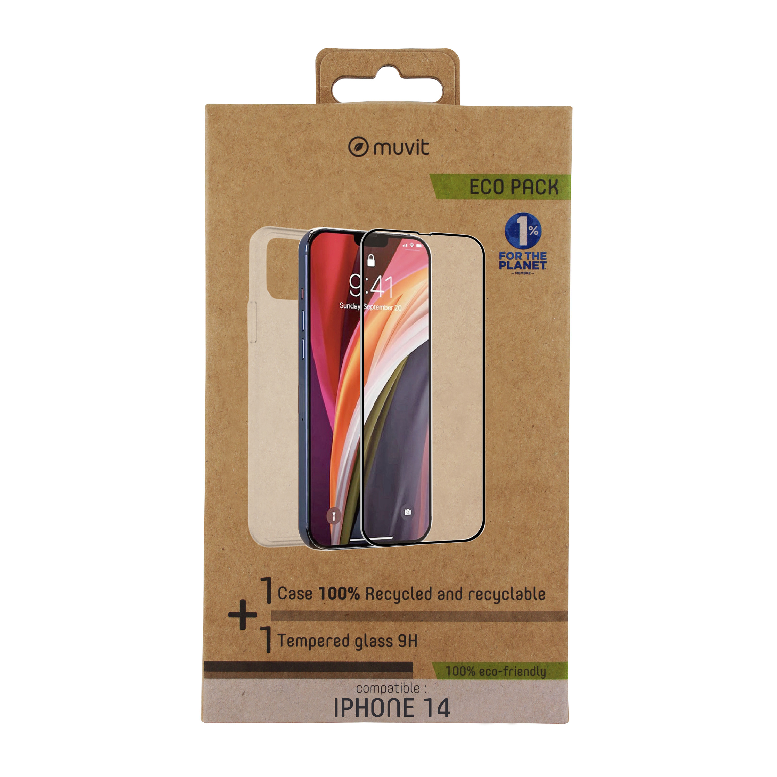 Muvit para iphone 14 + protector pantalla vidrio templado plano marco negro