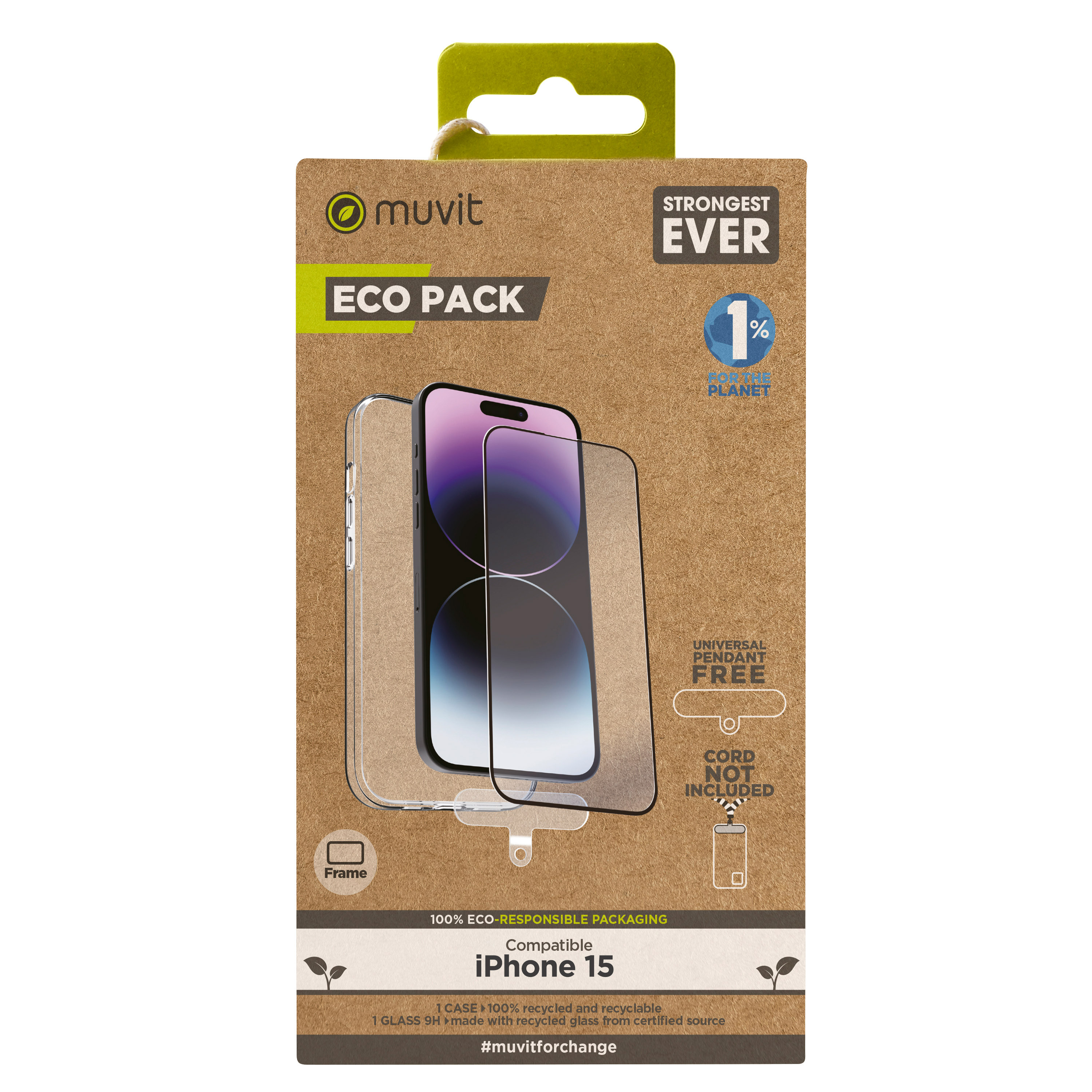 Muvit para iphone 15 + protector pantalla vidrio templado plano marco negro