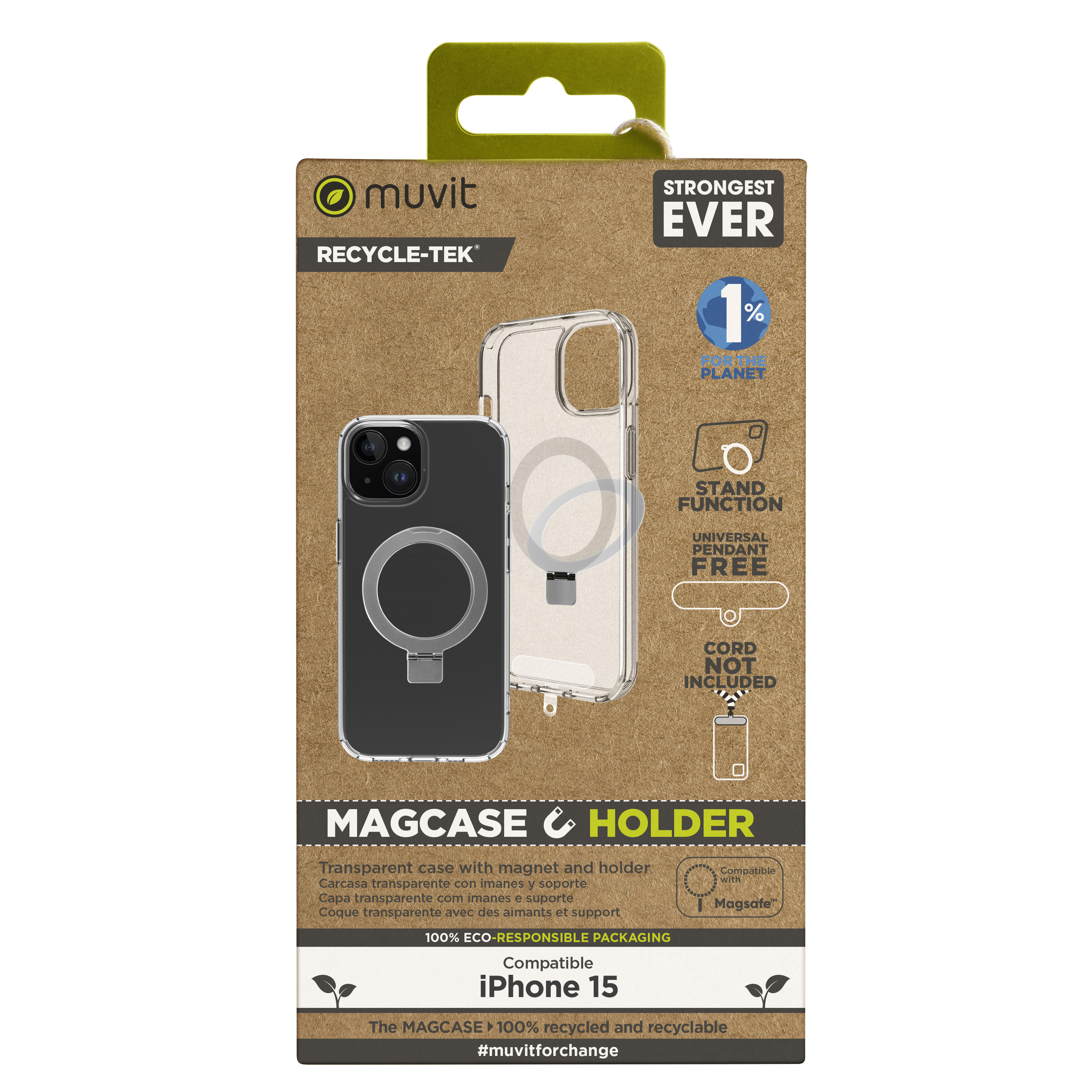 Muvit recycletek magsafe + soporte para iphone 15 transparente