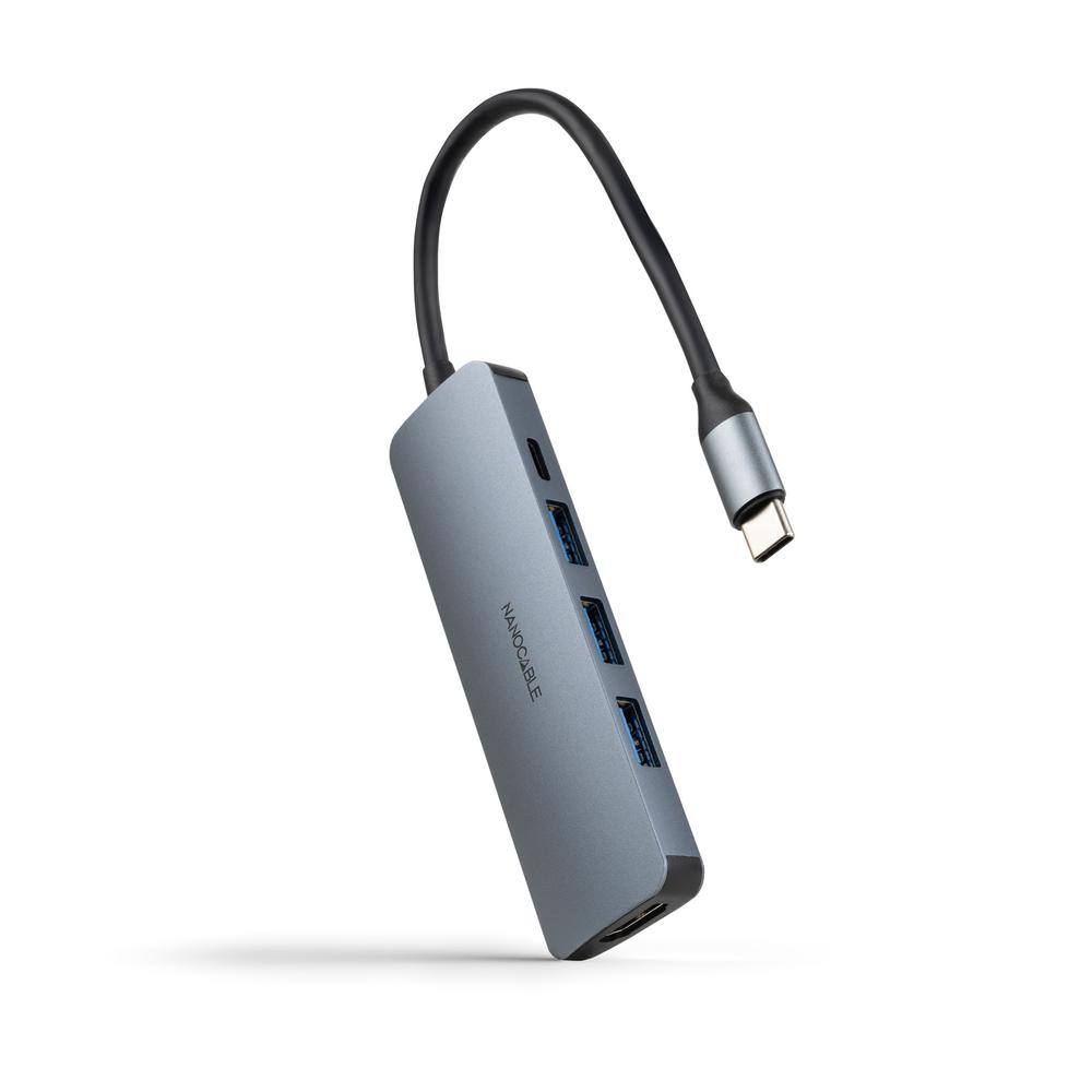 Nanocable usb - c 5 en 1 conversor usb - c 3.1 a 3xusb - a 3.0 + usb - c pd + hdmi aluminio gris 18 cm
