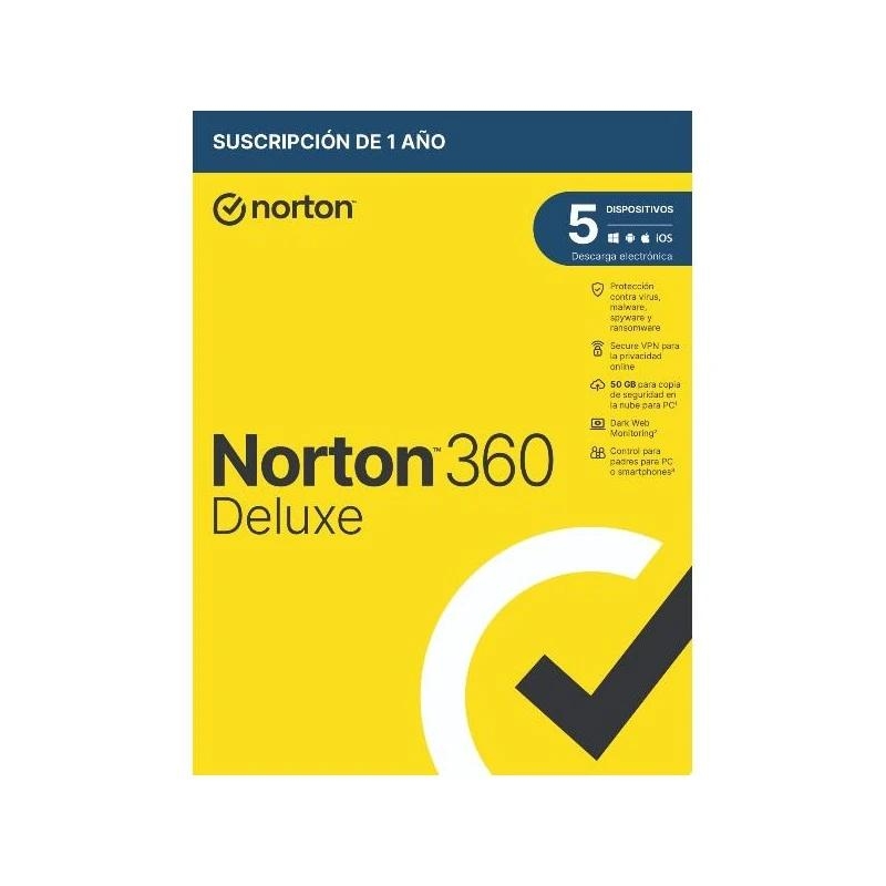 Norton 360 Deluxe - Antivirus - 50GB almacenamiento - 1 usuario - 5 dispositivos - 12 meses - Control parental - Horario escolar - Dark Web Monitoring - ESD lic