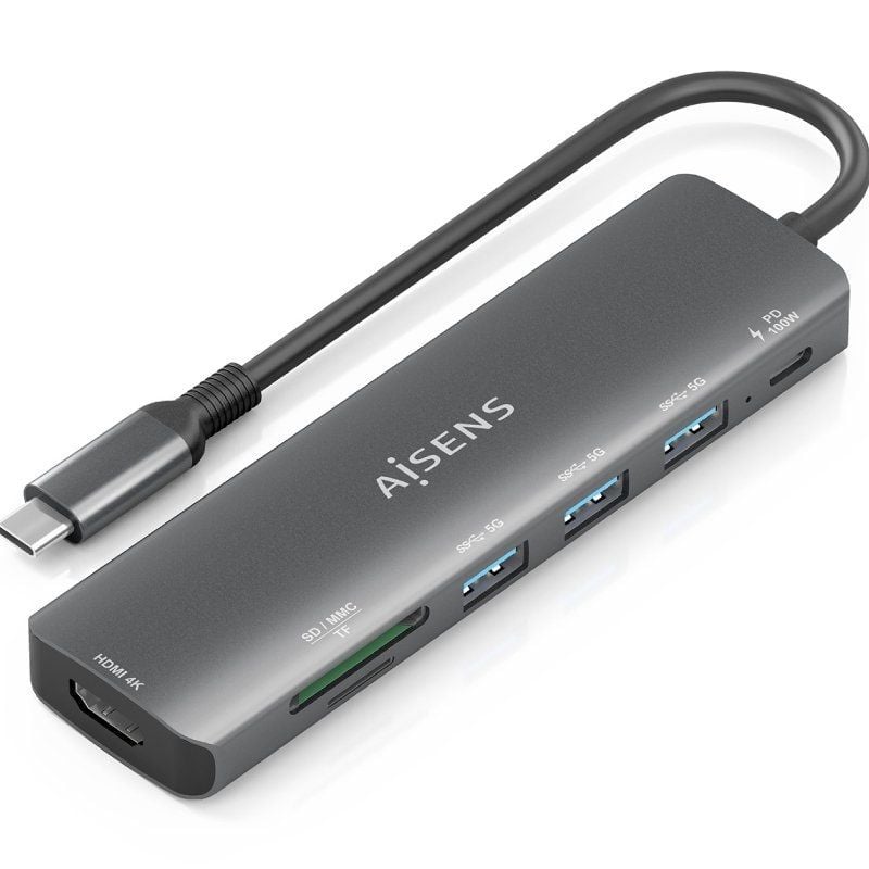 AISENS ASUC-7P025-GR 1xHDMI 4K 3xUSB 1xUSB Tipo-C PD 1xLector Tarjetas Gris