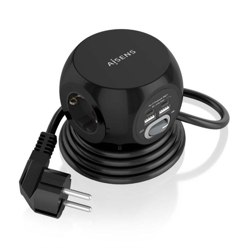 AISENS ASPS-2A2C05-BK 3 Tomas de Corriente 2 USB Tipo-C 2 USB Cable 1.4m Negro