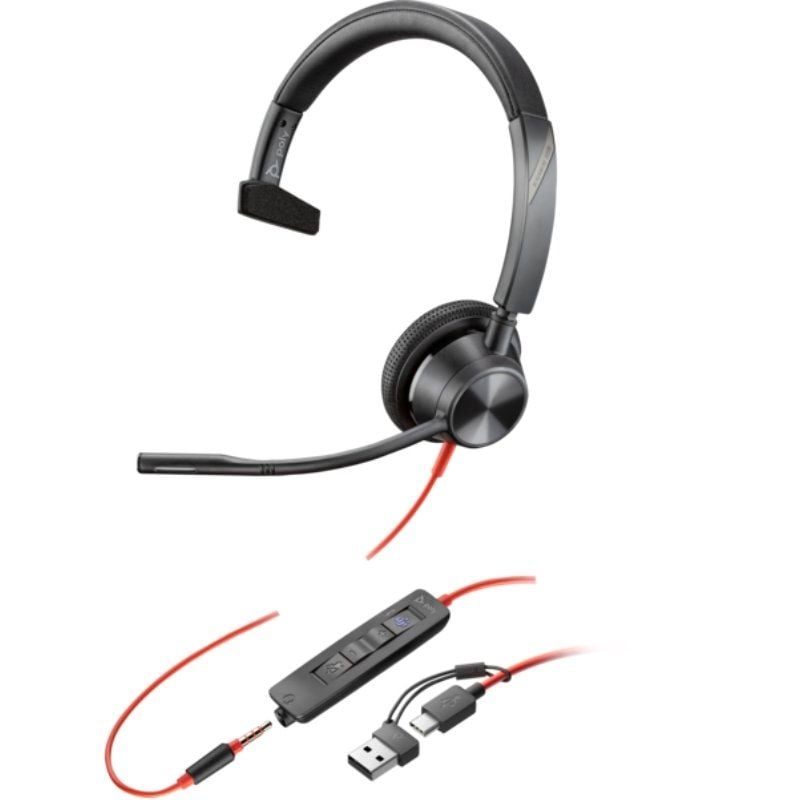 POLY Blackwire 3315 para Microsoft Teams + Adaptador USB-C A con Micrófono Jack 3.5 Negro