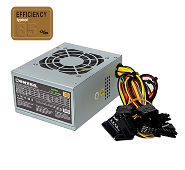 UnykaCH SFX (formato cuadrado) - 300W - 85% Eficiencia - Ventilador 8cm - 24 pins - 2x S-ATA - 1x FDD - 2x Molex - PFC Activo - Protección picos de tensión y co